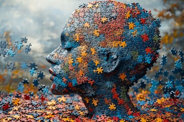 Colorful jigsaw puzzle head symbolizing mental health awareness, perfect for Mental Health Day campaigns, therapy promotions, and wellness workshops.
