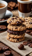 Fototapeta premium Chocolate chip cookie sandwich with melted chocolate and coffee on rustic table