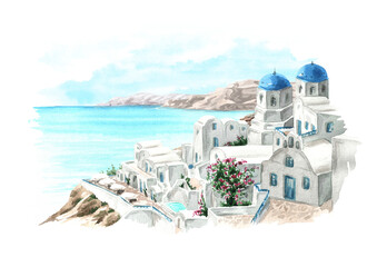 Santorini island, Mediterranean, Greece. View of Oia town and aegean sea. Hand-drawn watercolor illustration, isolated on white background