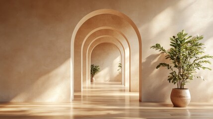 Fototapeta premium Minimalist Interior with Arched Hallway and a Plant in a Pot