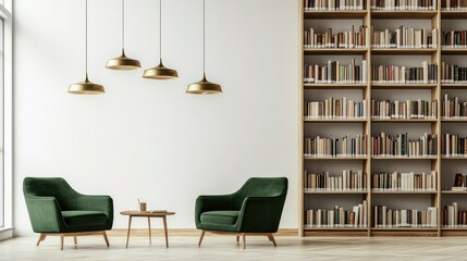 Minimalist library setup with a white wall, green armchairs, and tall bookshelves on the right. Hanging lamps create a cozy atmosphere.