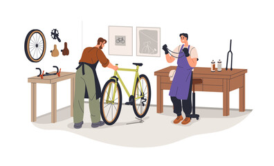 Bicycle repair shop. Men mechanics fixing and adjusting bike chain. Cycle maintenance service, work garage, workshop. Workers, repairmen. Flat vector illustration isolated on white background