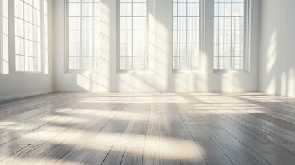 Obraz premium Minimalistic empty room with large windows, sunlight reflecting softly on the wooden floor