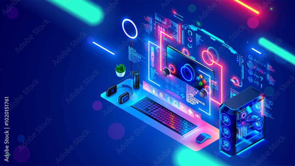 Fototapete Computer video games development education for kids. Game design, gameplay of computer games. Isometric computer of game designer workplace. PC on desk with interface developer environment on screen.