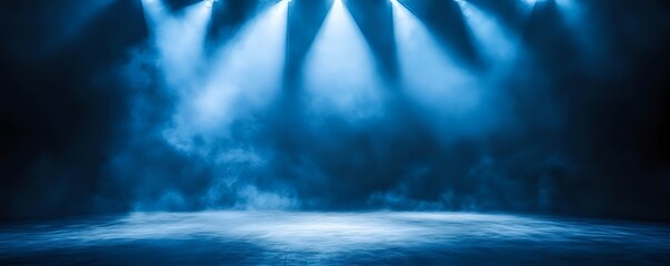 Dramatic blue spotlight beams illuminate a smoky, dark background.