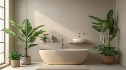 Modern bathroom in beige and white tones, featuring a bathtub, basin, and potted plants for a natural touch