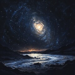 The Milky Way as seen from a distant moon, with swirling stars and nebulae lighting up the night sky