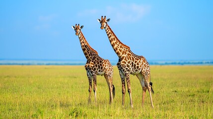 Fototapeta premium Two giraffes standing in a lush green savanna landscape