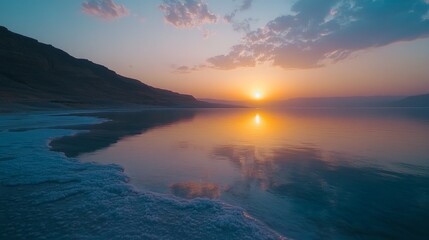 Obraz premium A breathtaking sunrise over the Dead Sea, with the sun reflecting off the calm water and creating a stunning, colorful sky. The shoreline is covered in white salt crystals.