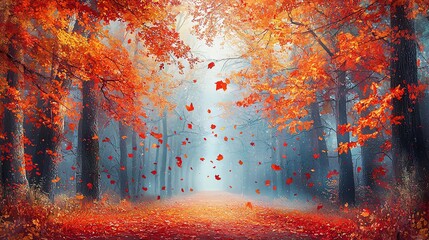 Vibrant autumn forest with red and orange leaves falling gently onto a quiet pathway