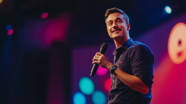 Portrait of smiling American male businessman holding microphone and giving lecture, presentation or speech. Dark conference room stage background with screen lights.