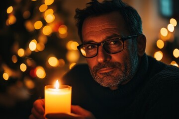 Close up of a man on Christmas day holding a candle.