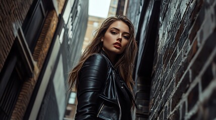 Fototapeta premium Young woman in a leather jacket in a narrow alley.