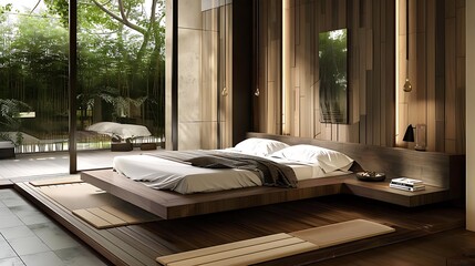 Interior of a bedroom with a wooden bed