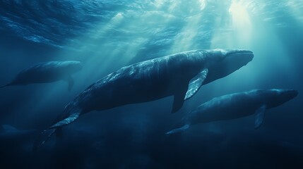 Obraz premium Underwater scene featuring three whales swimming in serene blue light.