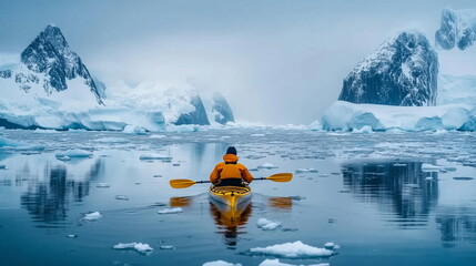 A one man's back view rowing across the calm seas of Antarctica, filled with glaciers. A person kayaking between glaciers, a kayaker.