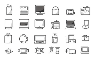 A collection of web icons featuring symbols for technology and communication, including devices, designed for use in digital media and business contexts.