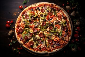 Fresh Gourmet Pizza with Toppings on Dark Table