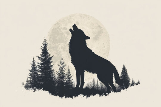 A majestic wolf howling against a full moon amidst silhouetted trees and flying birds, capturing the essence of wilderness.