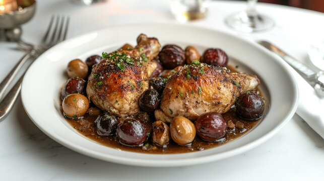 Un plato de muslos de pollo asado con setas y uvas, en una salsa oscura y servido en un elegante restaurante.

