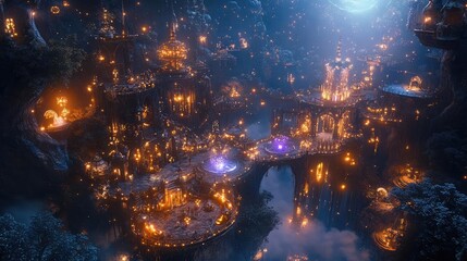 Stunning aerial perspective of enchanted lands, showcasing gourmet cooking stations, enhanced by captivating light effects, dreamlike ambiance