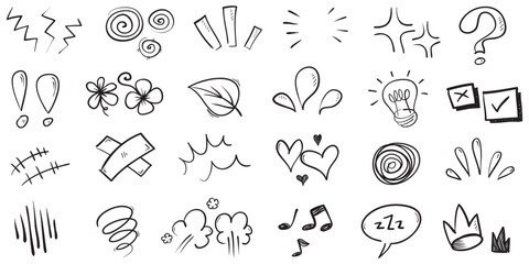 Doodle set of hand-drawn cartoony expression sign doodle, curve directional arrows, emoticon effects design elements, cartoon character emotion symbols, cute decorative brush stroke lines.