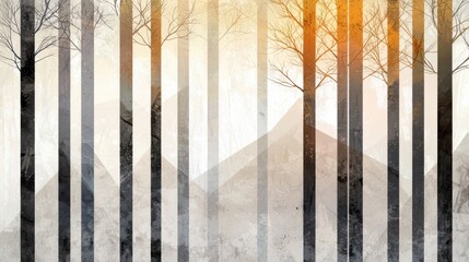 A serene landscape featuring misty mountains and silhouette trees, conveying tranquility and nature's beauty.