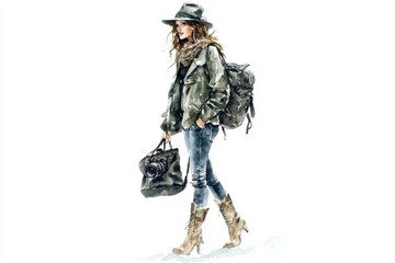 Fototapeta premium A stylish woman in casual outdoor clothing with a backpack and bag, perfect for travel and adventure photography.