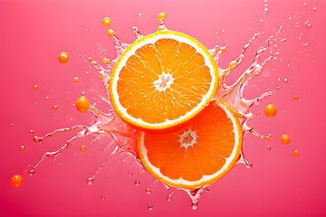 illustration of fresh orange fruit and liquid splashing on the pink background.	