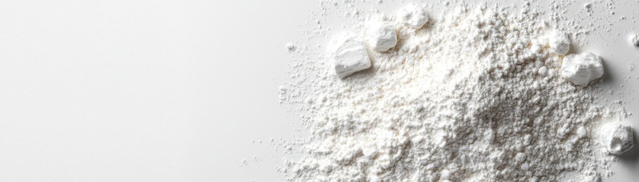 White powder and crushed white chalk scattered on a white background for minimalist texture