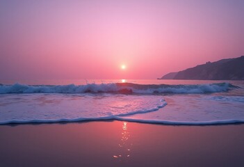 Obraz premium Pink Sunset with Gentle Ocean Waves at the Shore