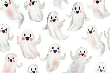 A whimsical watercolor pattern featuring cheerful ghosts, perfect for Halloween-themed designs and festive decorations.