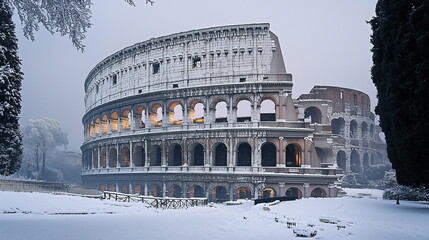 Landmarks in Rome, Italy, snow-covered winter scenery of the Colosseum, an iconic architecture. Travel, Tourism, History, Architecture, Heritage, Ancient Rome, Ruins.
