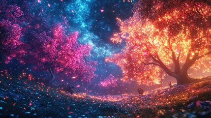 Obraz premium Tilted angle view of a vibrant fantasy forest, magical creatures tending to glowing trees, starlit sky above