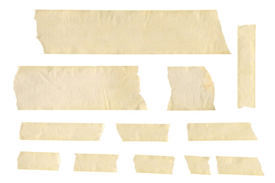 Various strips of masking tape and adhesive materials with semi-transparent qualities for crafting needs. Sticky scotch, duct paper. Isolated.