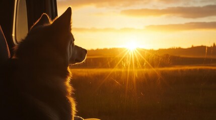 Serene scene of a dog looking out of a van at the sunrise, with rays of light illuminating a beautiful, wide-open landscape.