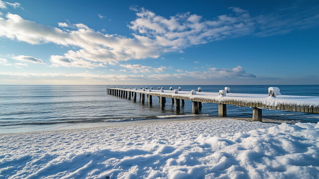 A tranquil, peaceful winter seaside view with no one with a wooden pier piled up in snow on a snow-covered beach.