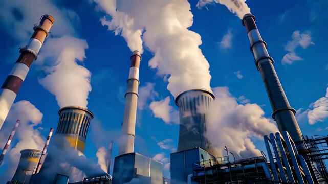 Factory Chimneys Emitting Thick Smoke into the Atmosphere Representing Industrial Pollution and Environmental Impact