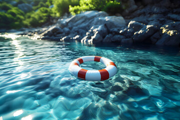Naklejka premium Life Ring Floating in Tranquil Blue Water