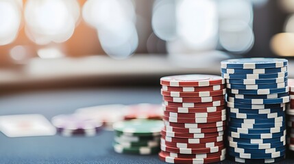 Fototapeta premium Intense showdown of a poker hand as cards are revealed and chips pushed across the table set in a glamorous casino atmosphere