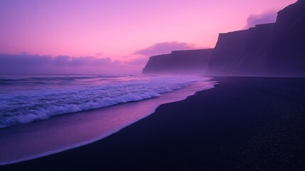 Black Sand Beach with Purple Sky and Foamy Waves at Sunset