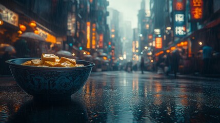 Obraz premium Un plato de dumplings se encuentra en el suelo mojado de una calle nocturna llena de luces y carteles luminosos. La escena está ambientada en una ciudad bajo la lluvia.