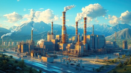 Obraz premium Industrial complex with smokestacks and mountains in the background.