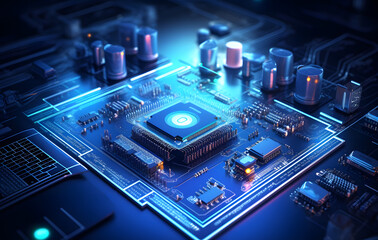 Circuit board background showing intricate details of computer technology and electronic components.