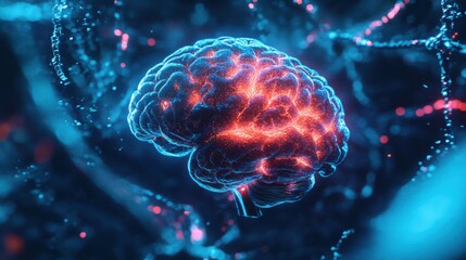 Fototapeta premium Brain in 3D, focusing on the hippocampus and its neural networks.