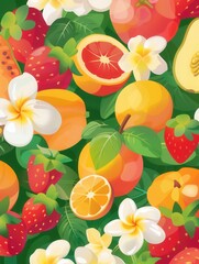 Tropical fruits like oranges and strawberries are beautifully displayed among delicate flowers, creating a lively garden atmosphere. Generative AI