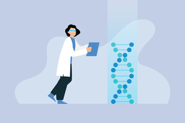 Scientist Analyzing DNA Strand in Genetic Research 2d flat vector illustration