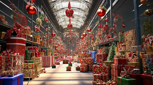 Christmas Warehouse Filled With Colorful Wrapped Gifts, Ornaments