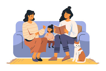 Family reading together on sofa cozy home scene with child and cat warm colors simple design