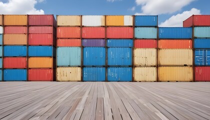 Fototapeta premium Colorful shipping containers stacked in a long row, with a wooden dock in the foreground and a cloudy blue sky in the background